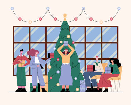 humans celebrating christmas with treeのイラスト素材