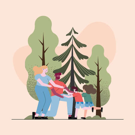 parents couple and kids landscape sceneのイラスト素材