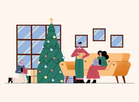 people celebrating christmas characters sceneのイラスト素材