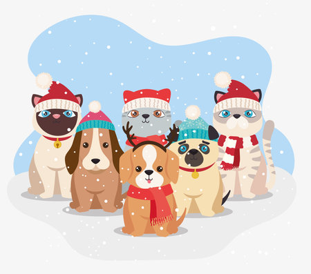 cute six christmas petsのイラスト素材