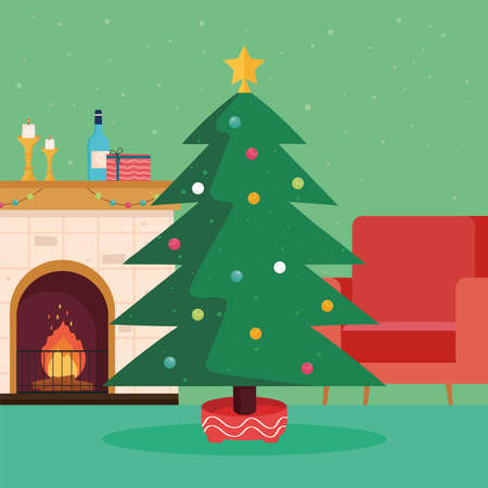 christmas tree and fireplaceのイラスト素材