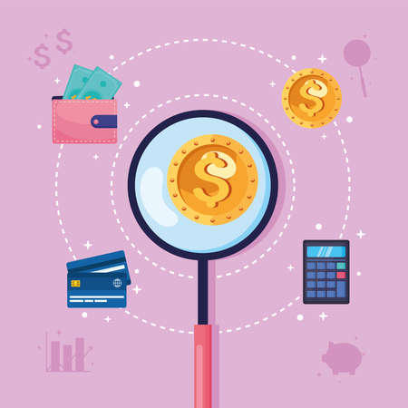 magnifying glass and financial iconsのイラスト素材