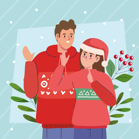 cute couple using christmas sweaterのイラスト素材