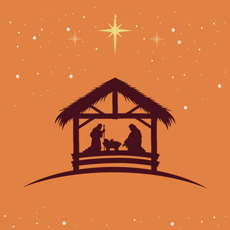 christmas nativity silhouettes orange sceneのイラスト素材