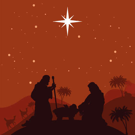 christmas nativity family silhouettes sceneのイラスト素材