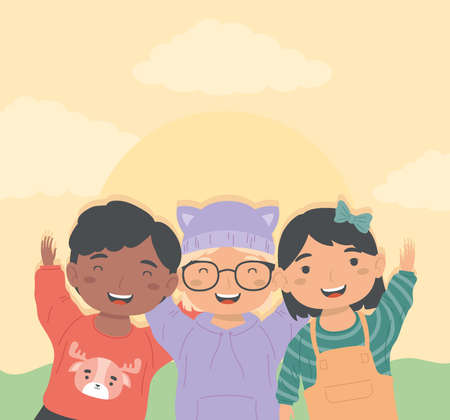 interracial happy kids friends charactersのイラスト素材