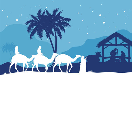 christmas nativity manger silhouettes sceneのイラスト素材