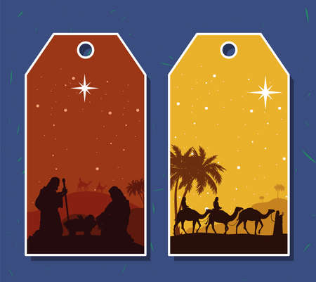 two nativity scenes tags hangingのイラスト素材