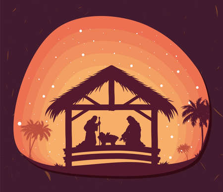 christmas nativity stable silhouettes sceneのイラスト素材