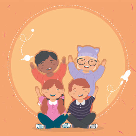 happy four interracial kids charactersのイラスト素材