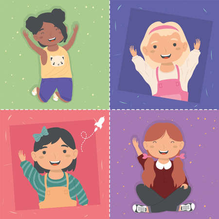 four little girls happy charactersのイラスト素材