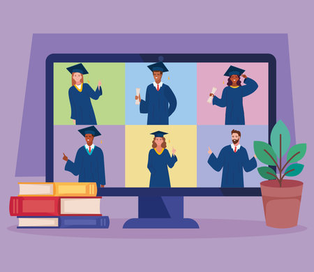 students in virtual graduationのイラスト素材