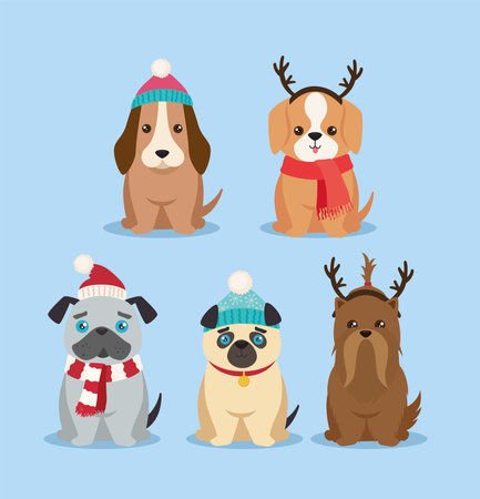 five cute Christmas dogsのイラスト素材