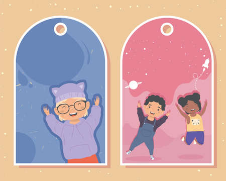 interracial kids in tags hangingのイラスト素材