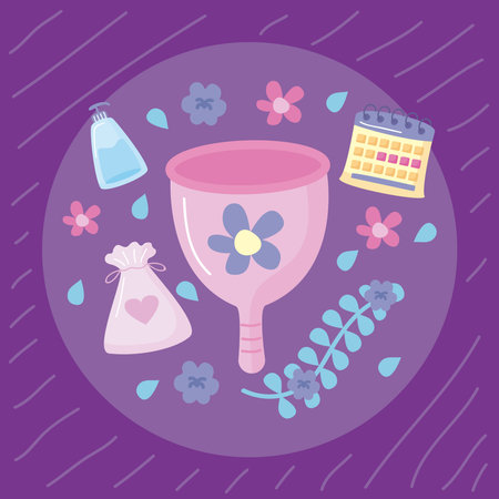 menstruation items in circle and flowersのイラスト素材