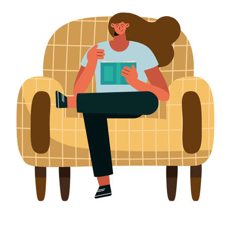woman reading book in sofa characterのイラスト素材