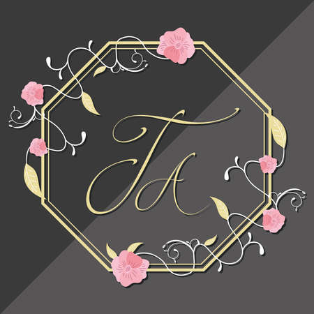 monogram golden frame with roses decorationのイラスト素材