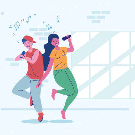 young couple singing happy charactersのイラスト素材