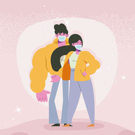 couple wearing face masks charactersのイラスト素材