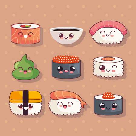 nine cute sushi iconsのイラスト素材