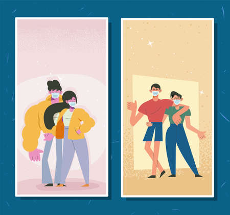 couples wearing face masks charactersのイラスト素材