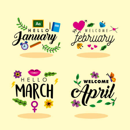 four hello month set letteringsのイラスト素材