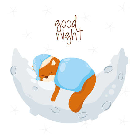 good night lettering and bear sleeping in moonのイラスト素材