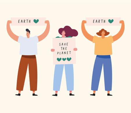three ecologists protesting group charactersのイラスト素材