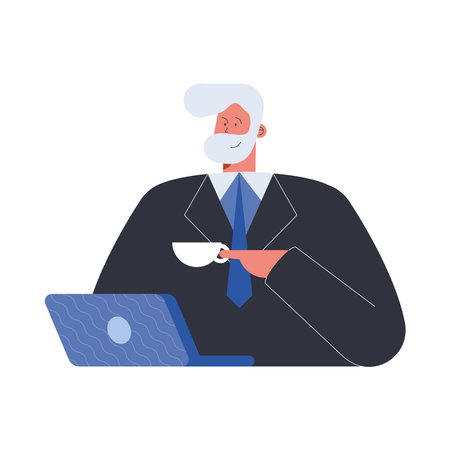 old man worker using laptop characterのイラスト素材