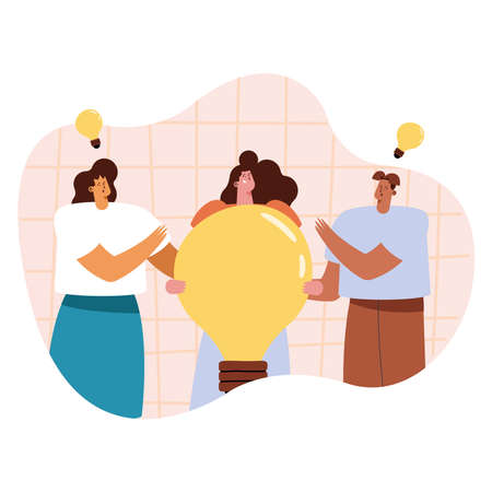 three persons with bulbs charactersのイラスト素材