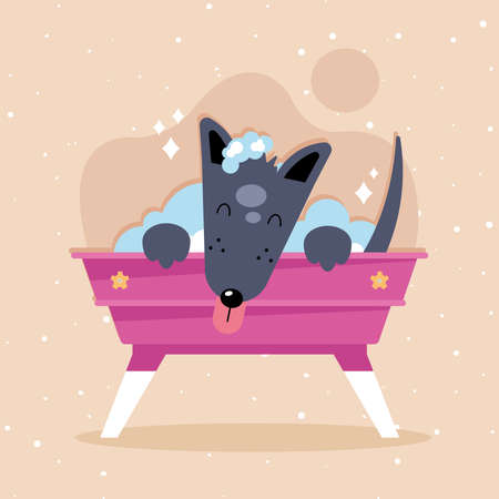 dog taking shower on brown backgroundのイラスト素材