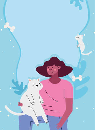 woman hugging cat on blue backgroundのイラスト素材