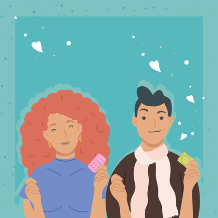 couple with contraceptive pills and condomのイラスト素材
