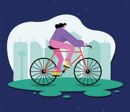 Woman with mask riding bikeのイラスト素材