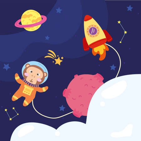 astronaut monkey and rocket at spaceのイラスト素材