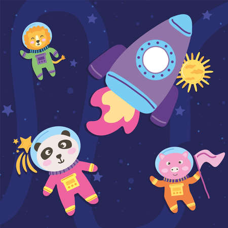 astronaut lion panda and pig at spaceのイラスト素材