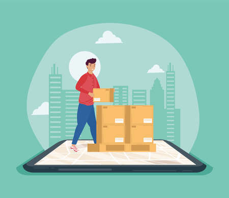 boxes and courier in smartphone delivery onlineのイラスト素材