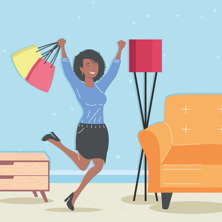 afro girl with shopping bags in livingroomのイラスト素材