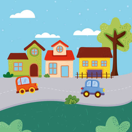 neighborhood and cars landscape sceneのイラスト素材