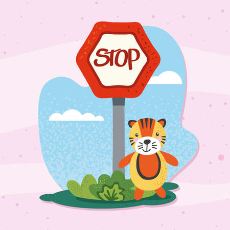 tiger in stop signal characterのイラスト素材
