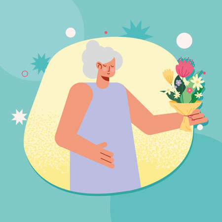 old woman with flowers bouquetのイラスト素材
