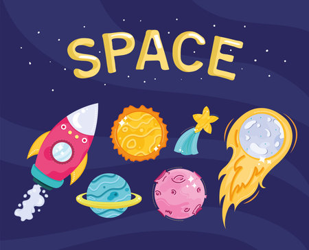 space lettering and set six iconsのイラスト素材