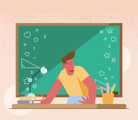 teacher with chalkboard workplace scene