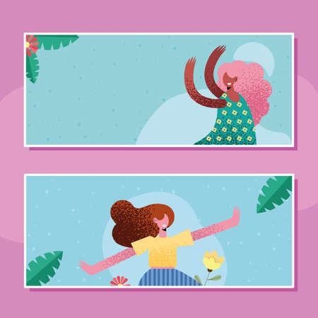 girls cartoons in labels on pink backgroundのイラスト素材
