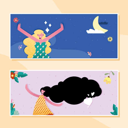 women cartoons in labels on yellow backgroundのイラスト素材