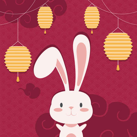 bunny and golden lamps chinese moon festivalのイラスト素材