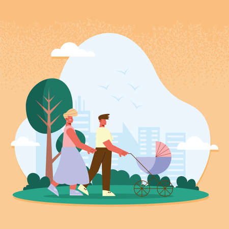 parents with baby cart charactersのイラスト素材