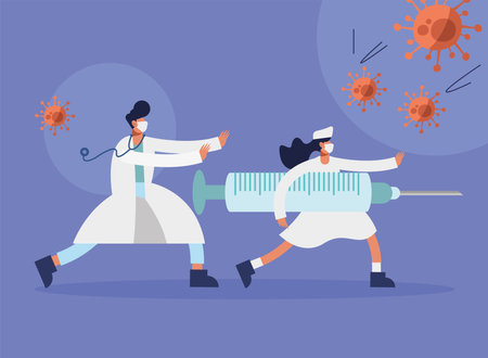 medical staff with covid19 vaccine iconsのイラスト素材