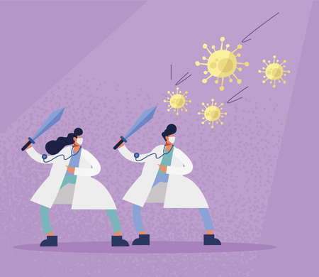 doctors couple and covid19 particles charactersのイラスト素材