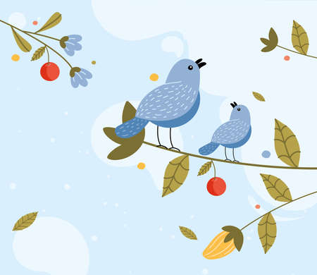branch with birds and flowersのイラスト素材